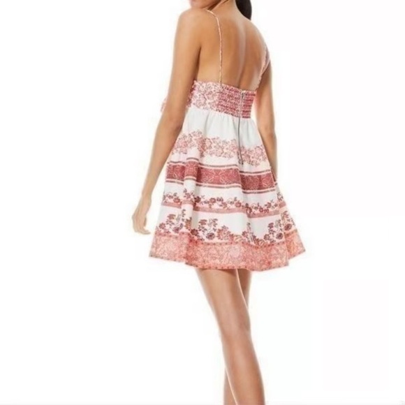Alice + Olivia Linen Melvina Mini Dress Tie Front Block Print Red Antique White - Picture 3 of 16